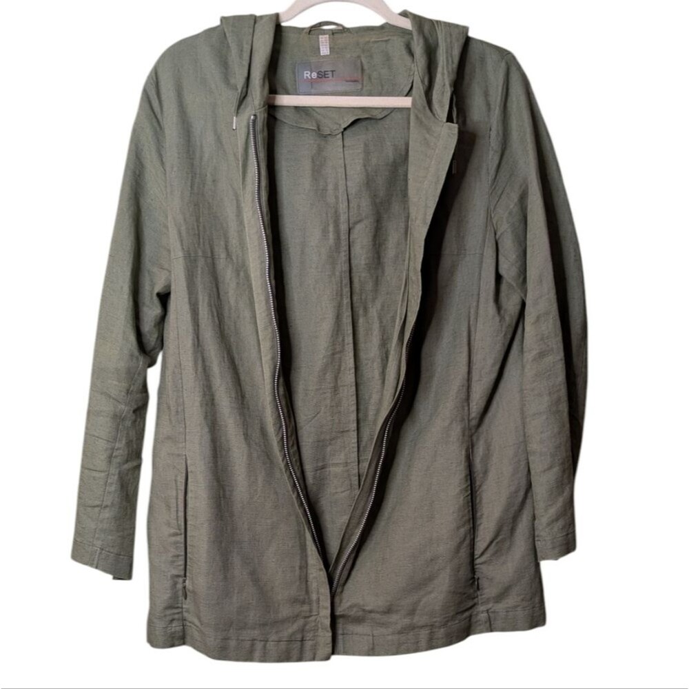 Reset olive green full zip hooded Linen blend utility jacket size 8 relaxed Wind
